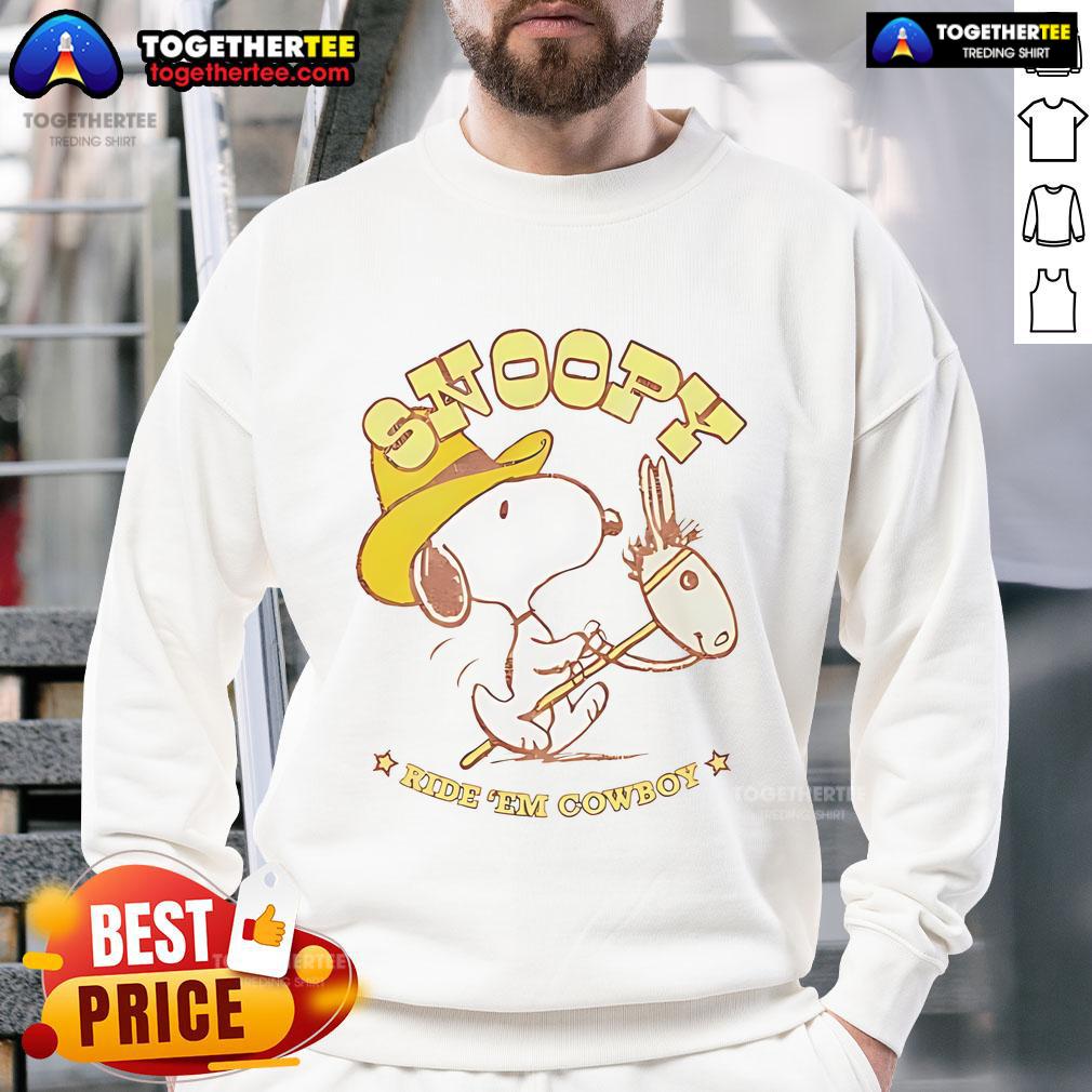 Retro Snoopy Ride Em Cowboy sweatshirt featuring Snoopy in cowboy attire, perfect for casual wear and nostalgic fans.