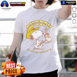 Nice Snoopy Ride Em Cowboy Retro T-Shirt featuring Snoopy in a cowboy hat, perfect for casual and vintage style lovers.