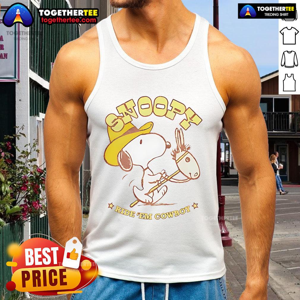 Retro Snoopy Ride 'Em Cowboy tank top featuring vibrant colors and playful design, perfect for casual wear.
