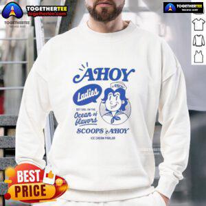 Nice Stranger Things ladies Scoops Ahoy ice cream parlor sweatshirt featuring a fun, retro design and vibrant colors.