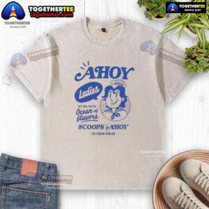 Nice Stranger Things ladies Scoops Ahoy ice cream parlor washed t-shirt featuring a retro design inspired by the show.