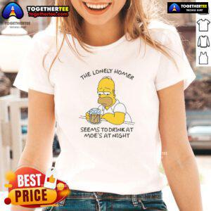 Alt Text: Night scene of Homer Simpson drinking at Moe's Tavern, featured on a 'Nice The Lonely Homer' ladies tee.