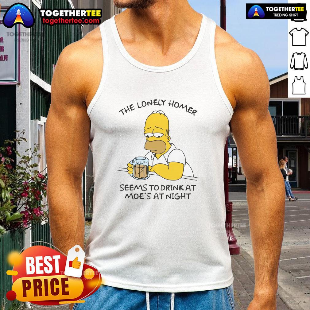 Lonely Homer Simpson in a tank top, drinking at Moe's Tavern at night, capturing a nostalgic scene from The Simpsons.