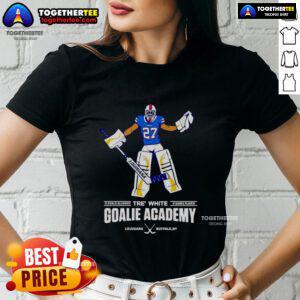 White goalie tee from Nice Tre Academy featuring '0 Goals Allowed, 0 Games Played' for ladies, perfect for sports enthusiasts.