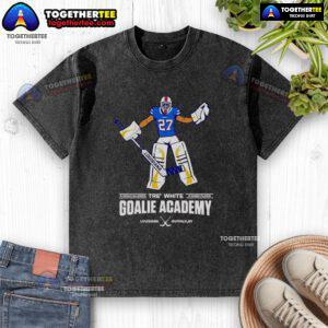 Nice Tre White goalie academy t-shirt featuring '0 Goals Allowed, 0 Games Played' slogan for aspiring goalies.