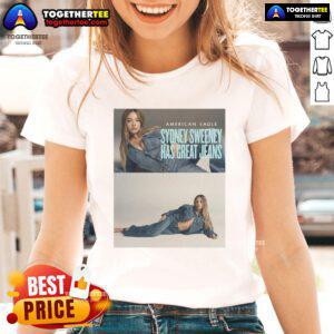 Alt Text: Sydney Sweeney in Official American Eagle ladies tee and stylish jeans, showcasing a trendy casual look.