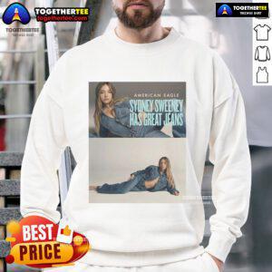 Alt Text: Sydney Sweeney in Official American Eagle sweatshirt and jeans, showcasing her stylish casual look.