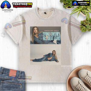 Sydney Sweeney in Official American Eagle jeans and a washed t-shirt, showcasing a trendy casual look.