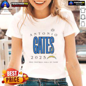 Official Antonio Gates Los Angeles Chargers Pro Football Hall of Fame 2025 signature ladies tee, stylish and commemorative apparel.