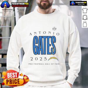 Official Antonio Gates Los Angeles Chargers Pro Football Hall of Fame 2025 signature sweatshirt displayed on a mannequin.
