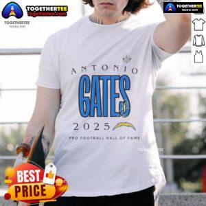 Official Antonio Gates Los Angeles Chargers Pro Football Hall Of Fame 2025 Signature T-Shirt featuring Gates' autograph design.