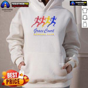 Alt Text: Official Grace Court Running Club Hoodie displayed on a hanger, showcasing its stylish design and vibrant colors.