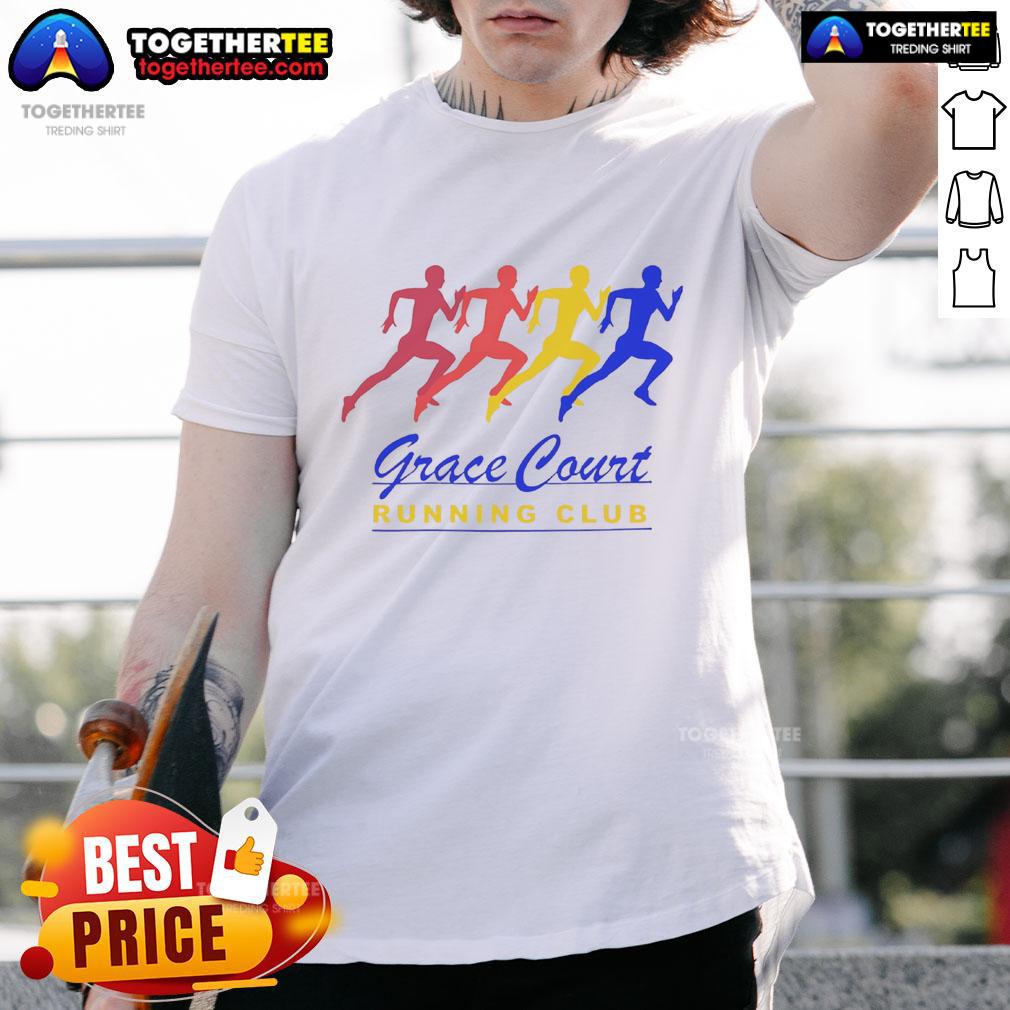 Alt Text: Official Grace Court Running Club T-Shirt featuring a vibrant design and logo, perfect for running enthusiasts.