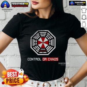 Official Initiative Control or Chaos Dharma Corporation ladies tee featuring bold graphics and a stylish fit.