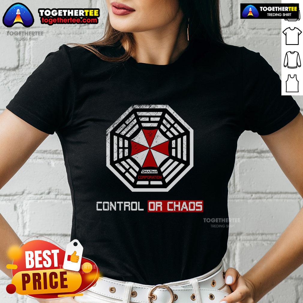 Official Initiative Control or Chaos Dharma Corporation ladies tee featuring bold graphics and a stylish fit.