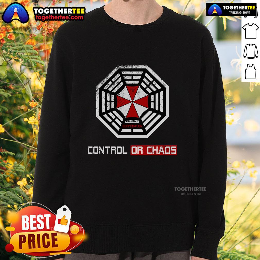 Alt Text: Official Initiative Control or Chaos Dharma Corporation sweatshirt featuring bold graphics and a stylish design.