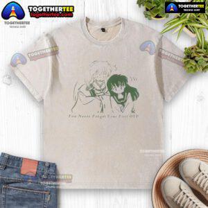 Official Inuyasha You Never Forget Your First OTP washed t-shirt featuring iconic characters from the beloved anime series.