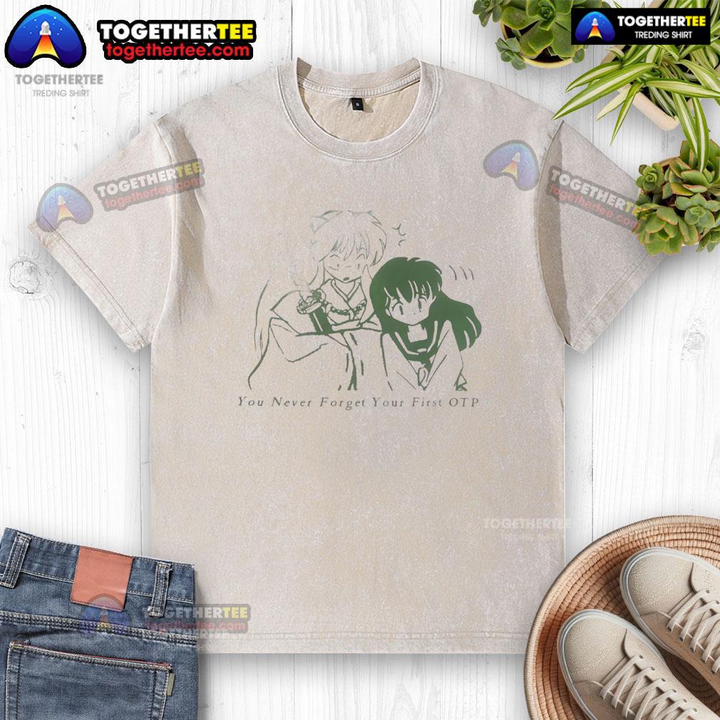 Official Inuyasha You Never Forget Your First OTP washed t-shirt featuring iconic characters from the beloved anime series.
