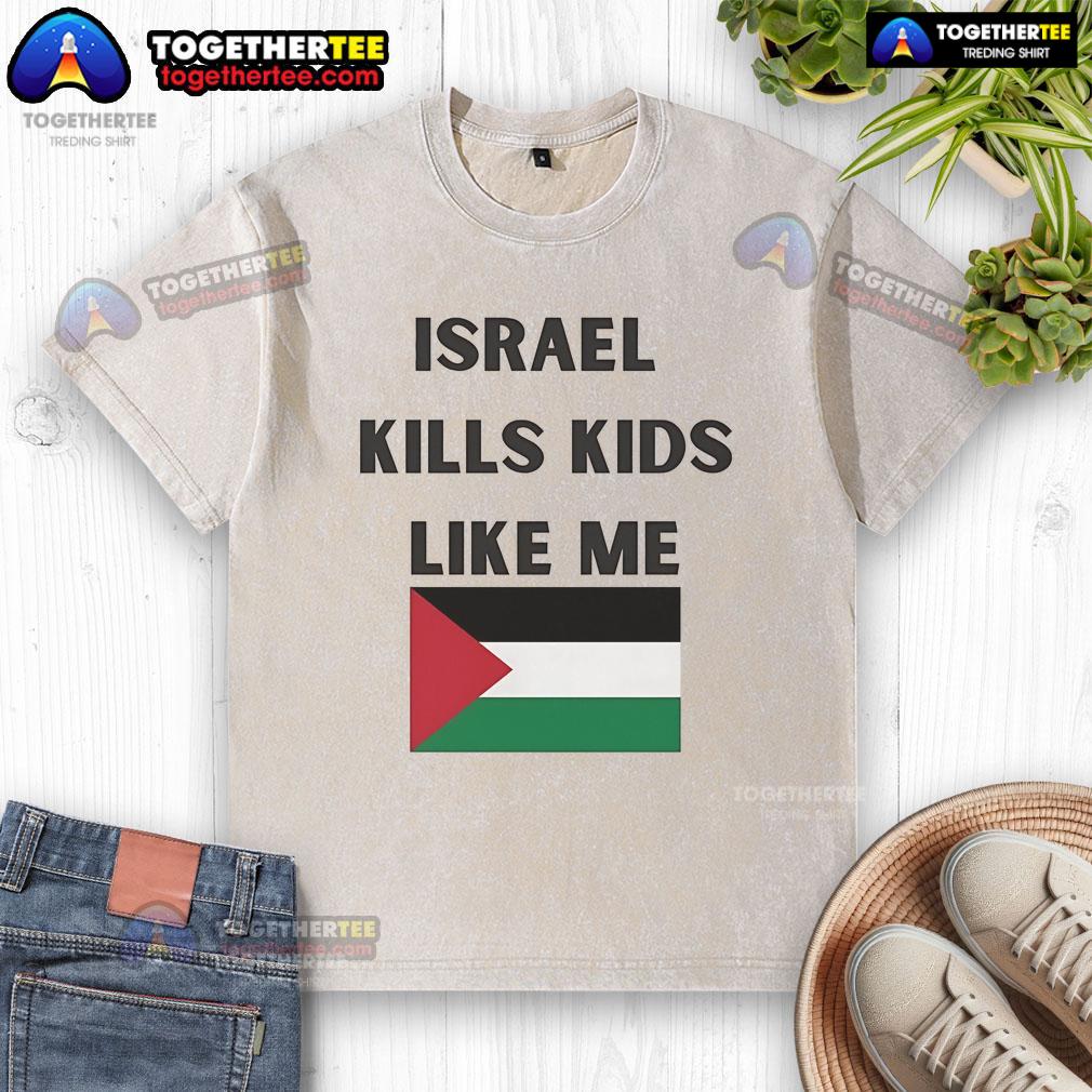 Official Israel Kills Kids Like Me washed t-shirt featuring a bold statement against violence in Gaza.