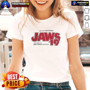 Official Jaws 19 Ladies Tee featuring 'This Time It's Really Personal' slogan, perfect for movie fans and collectors.