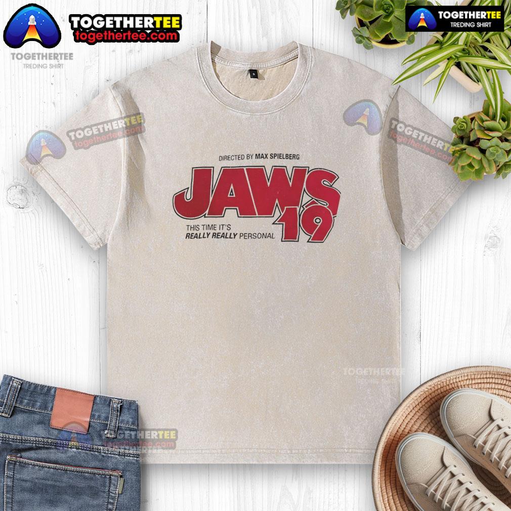 Alt Text: Official Jaws 19 T-shirt featuring This Time It's Really Personal slogan, perfect for movie fans and collectors.
