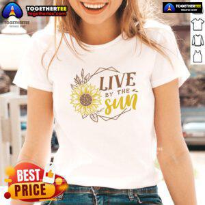 Official Live By The Sun Sunflower Ladies Tee showcasing a vibrant sunflower design on a stylish women's t-shirt.