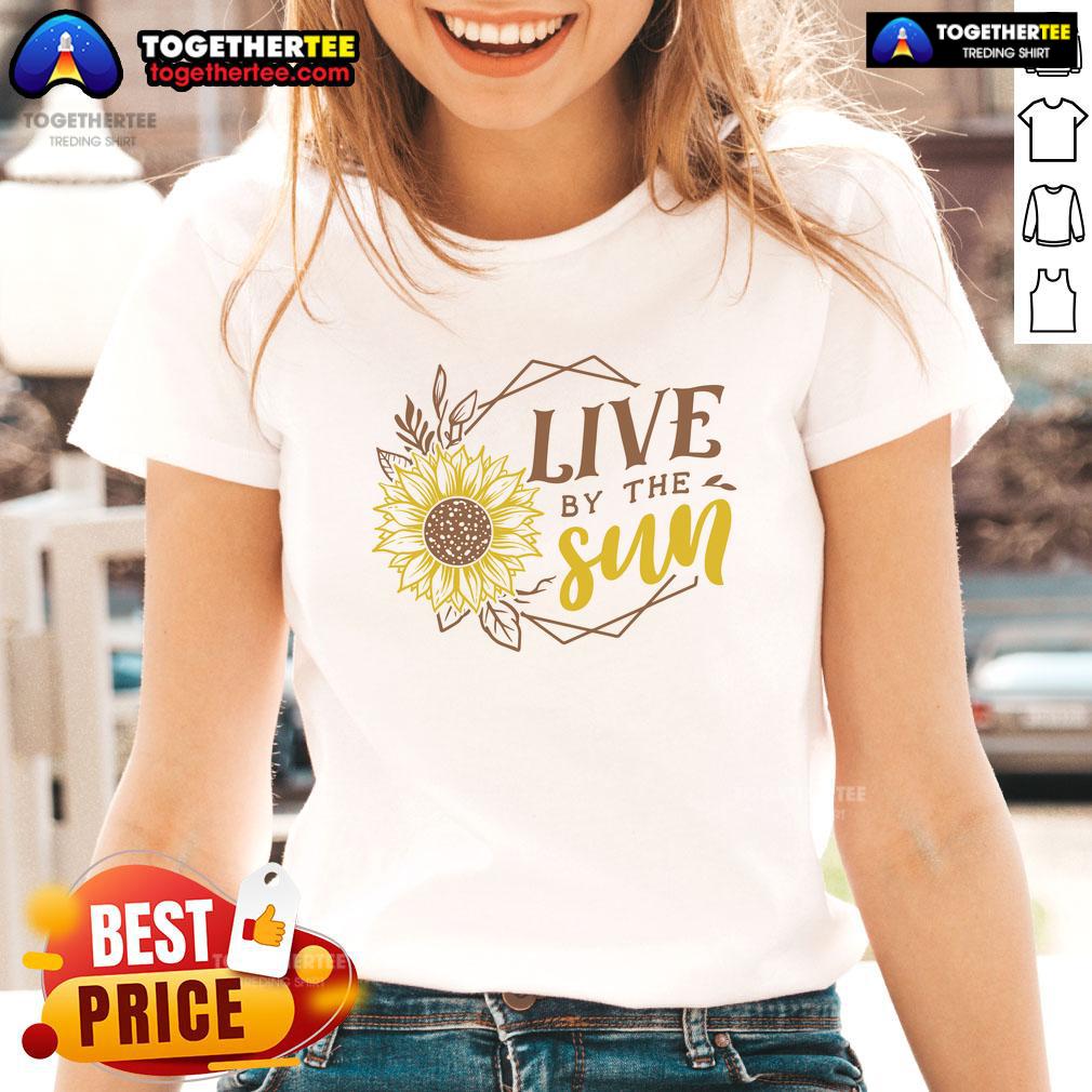 Official Live By The Sun Sunflower Ladies Tee showcasing a vibrant sunflower design on a stylish women's t-shirt.