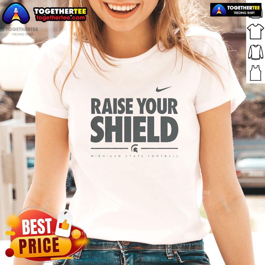 Official Michigan State Spartans Raise Your Shield Ladies Tee featuring team colors and logo for female fans.