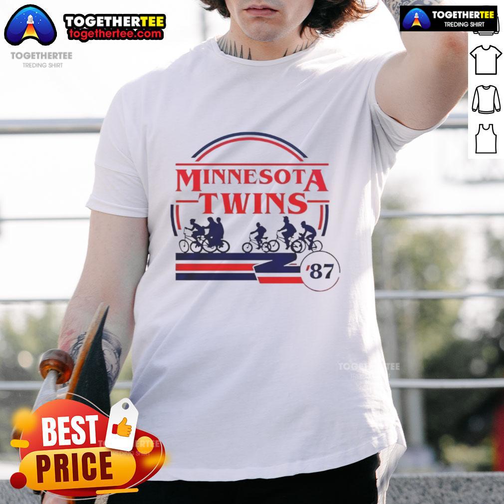 Official Minnesota Twins Stranger Things T-Shirt featuring unique graphics blending baseball and 80s sci-fi nostalgia.