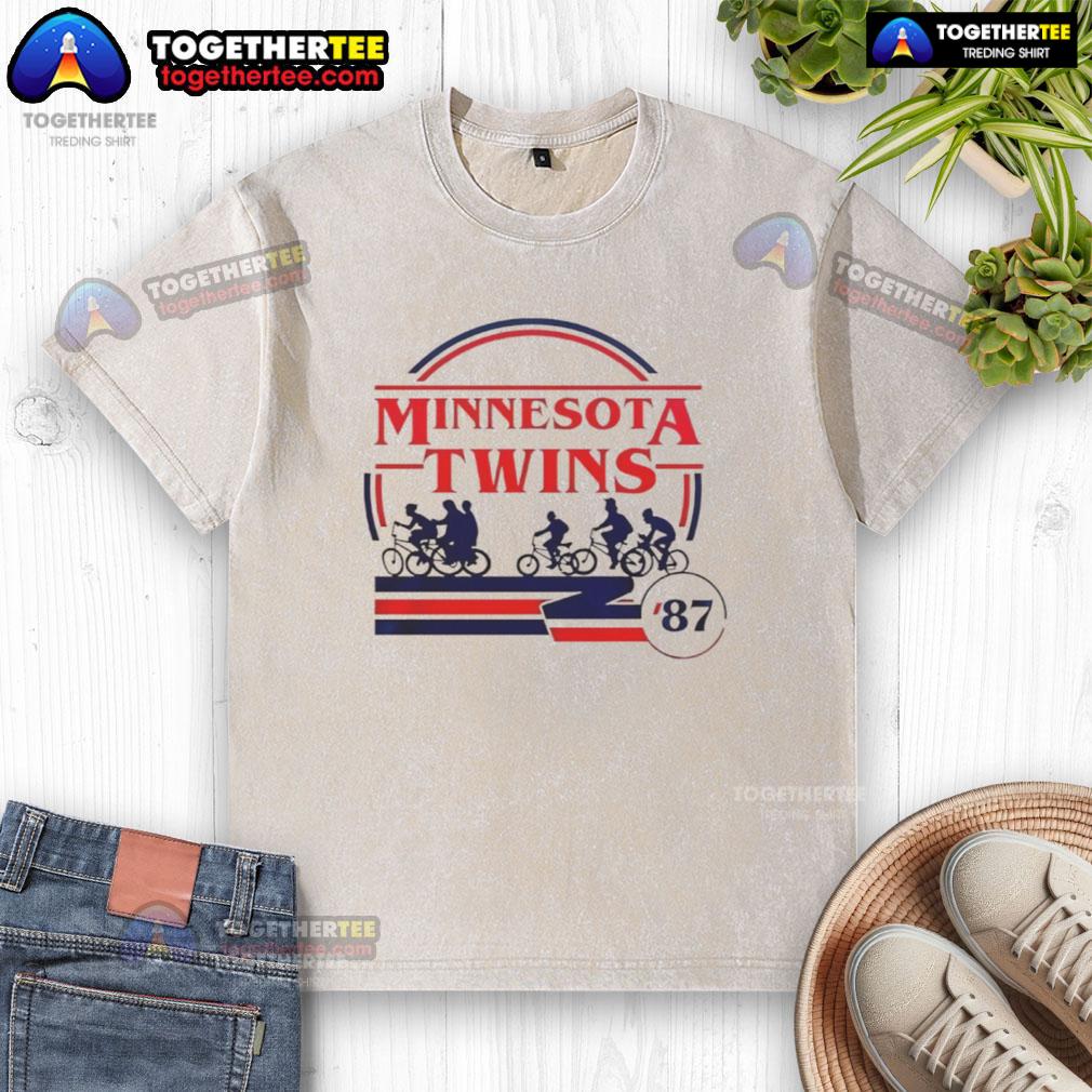 Official Minnesota Twins Stranger Things washed t-shirt featuring a vintage design and vibrant team colors.
