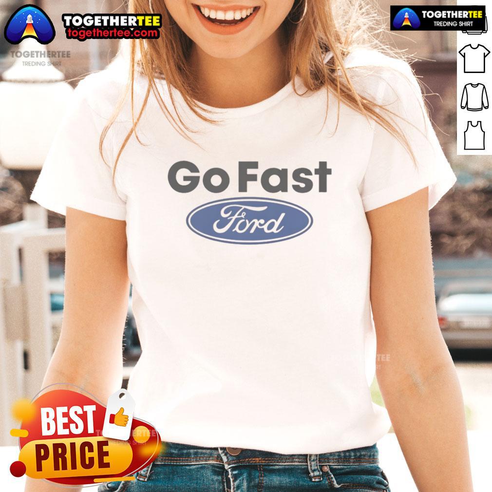 Caitlyn Torres wearing the Official Motorheads Go Fast Ford Ladies Tee, showcasing a stylish automotive design.