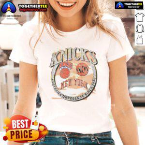Alt Text: Official New York Knicks Eastern Conference Classics Crown Jewels Ladies Tee showcasing team spirit and style.