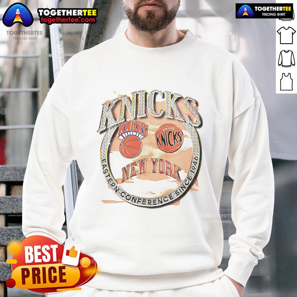 Alt Text: Official New York Knicks Eastern Conference Classics Crown Jewels Sweatshirt, showcasing team pride and vintage style.