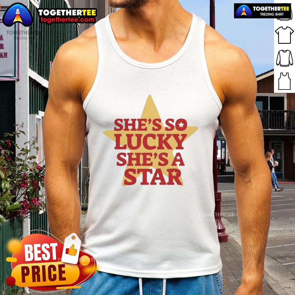 Vintage tank top featuring 'She's So Lucky, She's A Star' design, perfect for stylish casual wear and retro fashion lovers.