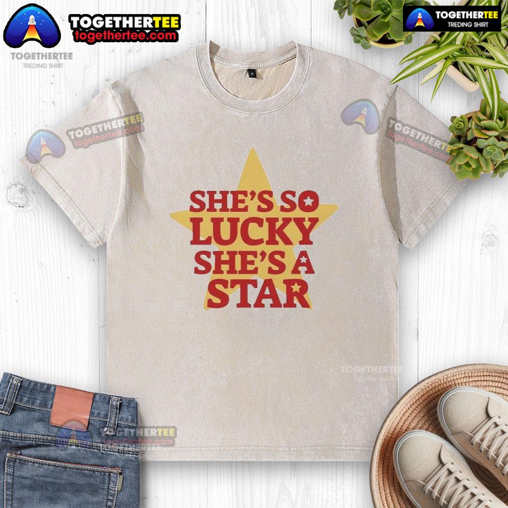 Alt Text: Vintage washed t-shirt featuring She's So Lucky, She's A Star design, perfect for casual fashion lovers.