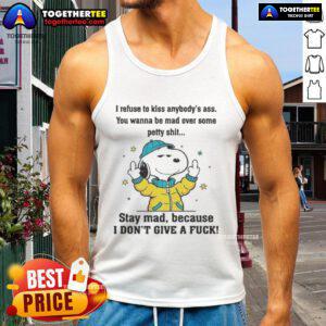 Alt Text: Official Snoopy and Friends Stay Mad Because I Don't Give A F*ck tank top featuring colorful cartoon characters.