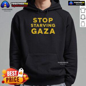 Official Stop Starving Gaza Hoodie showcasing a bold message for humanitarian support and awareness.
