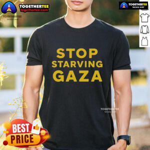 Official Stop Starving Gaza T-Shirt featuring bold text and a striking design advocating for Gaza humanitarian support.