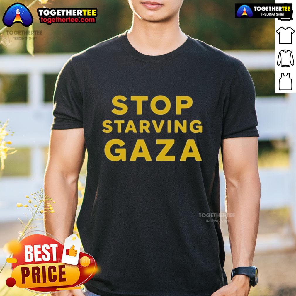 Official Stop Starving Gaza T-Shirt featuring bold text and a striking design advocating for Gaza humanitarian support.