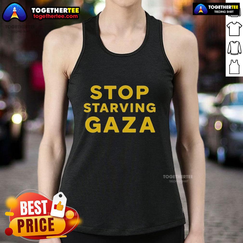 Official Stop Starving Gaza Tank Top featuring bold text design advocating for humanitarian support in Gaza.