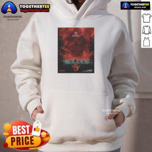 Official Stranger Things Season 5 hoodie featuring villain design with dramatic red sky lighting effect.
