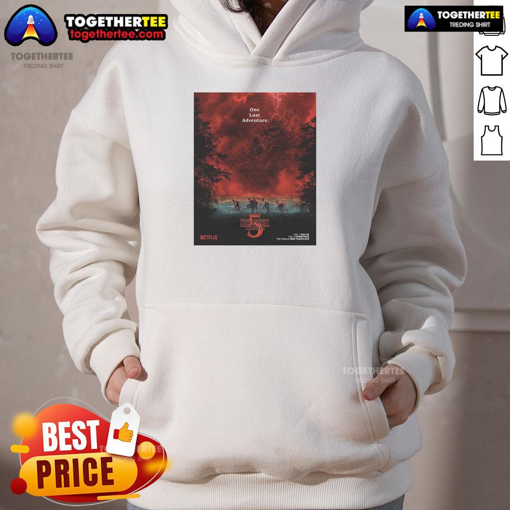 Official Stranger Things Season 5 hoodie featuring villain design with dramatic red sky lighting effect.