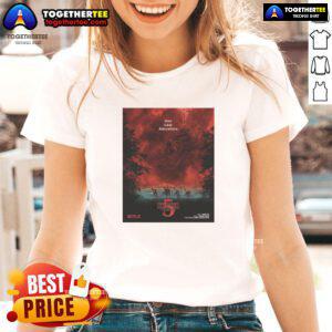 Official Stranger Things Season 5 tee featuring a villain under dramatic red sky lighting for one last adventure.