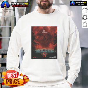 Official Stranger Things Season 5 sweatshirt featuring villain design with dramatic red sky lighting for one last adventure.