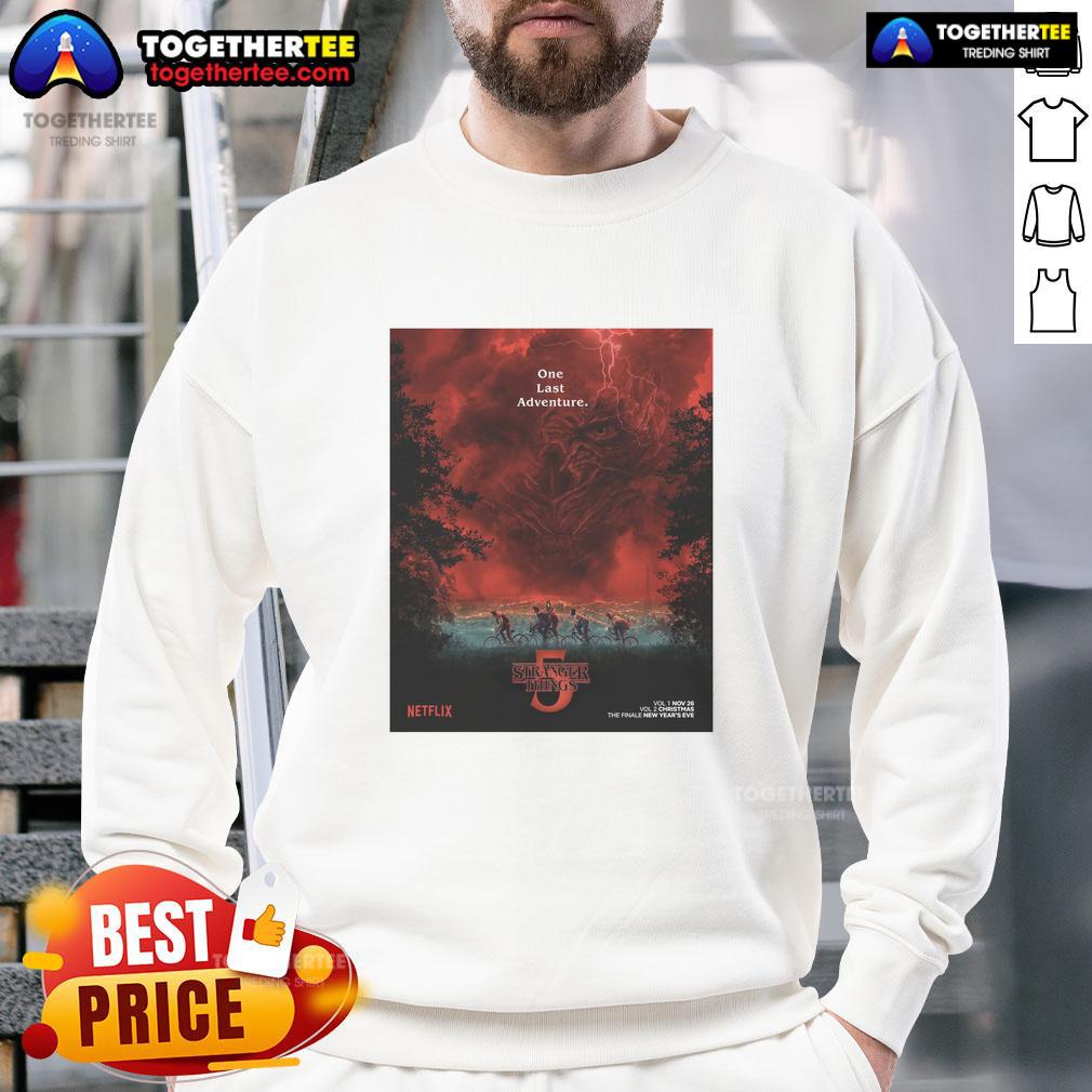 Official Stranger Things Season 5 sweatshirt featuring villain design with dramatic red sky lighting for one last adventure.