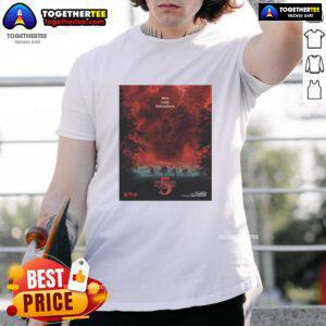 Official Stranger Things Season 5 T-Shirt featuring villain design and dramatic red sky lighting for one last adventure.