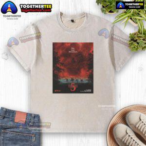 Alt Text: Official Stranger Things Season 5 One Last Adventure t-shirt featuring a villain design and dramatic red sky lighting.