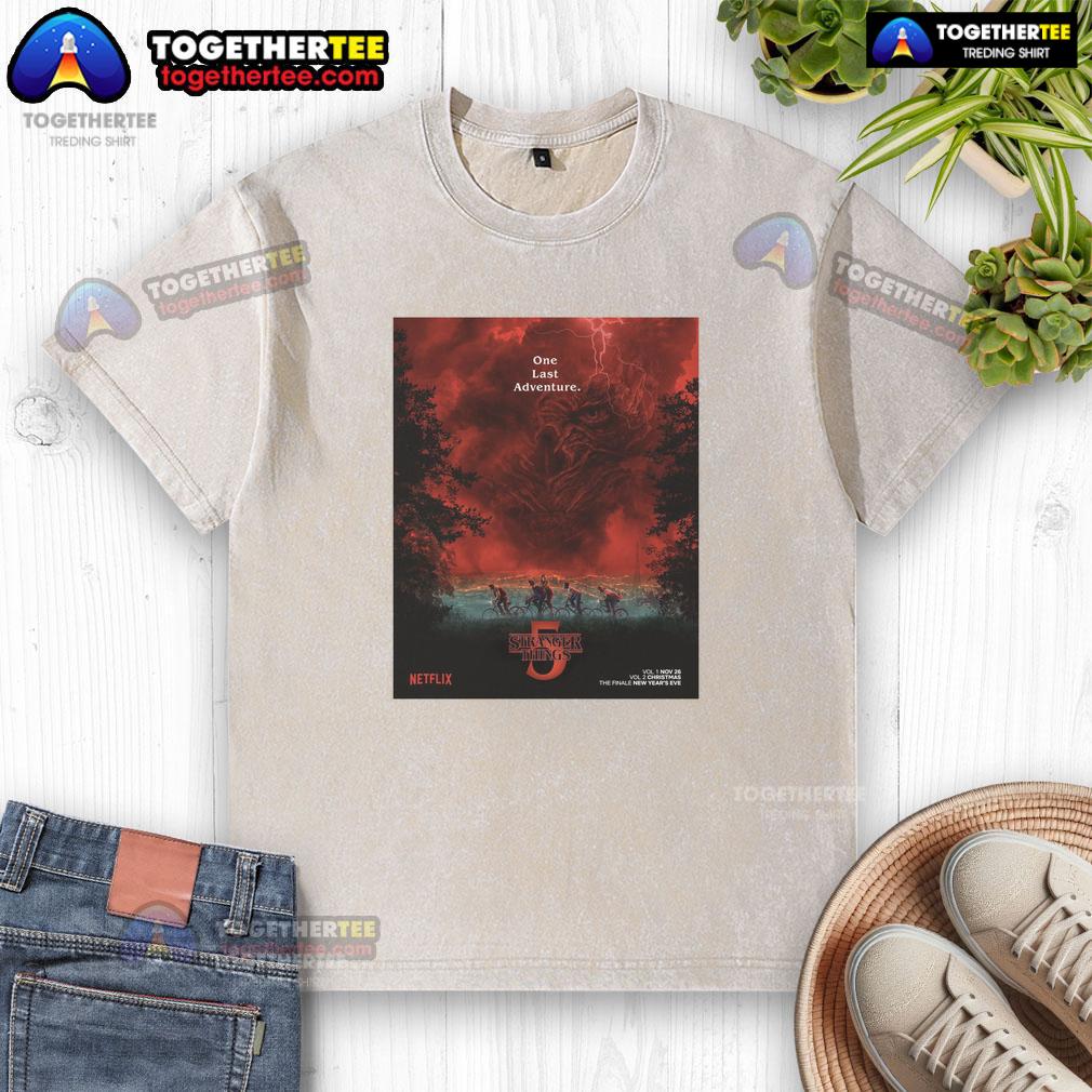 Alt Text: Official Stranger Things Season 5 One Last Adventure t-shirt featuring a villain design and dramatic red sky lighting.