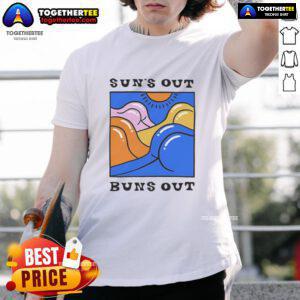 Official Suns Out Buns Out T-Shirt featuring a vibrant summer design perfect for sunny days and casual outings.