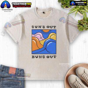 Official Suns Out Buns Out washed t-shirt featuring a trendy design, perfect for summer outings and casual wear.